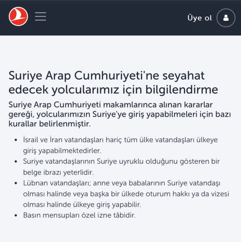  THY, karardan dolayı Suriye uçuşlarında İsrail ve İran vatandaşlarını taşımayacak.